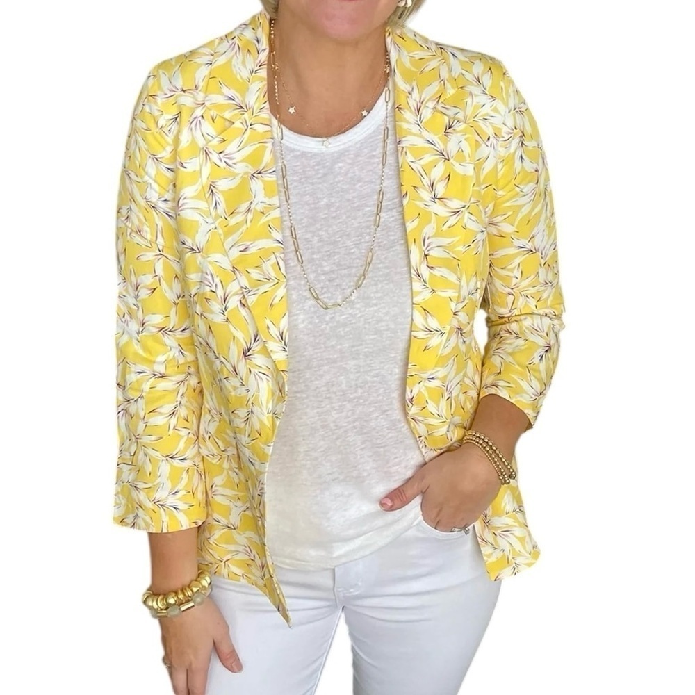 Skies Are Blue Women's Size Small Open Front Blazer Yellow White Floral Linen